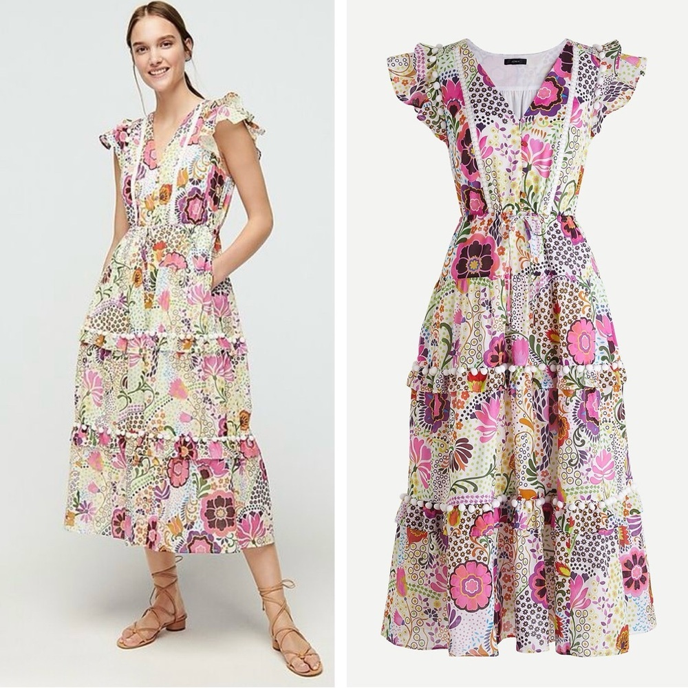 J.Crew Ratti Retro Floral Pom Pom Midi Dress White Size 6 AK624 - Picture 3 of 16